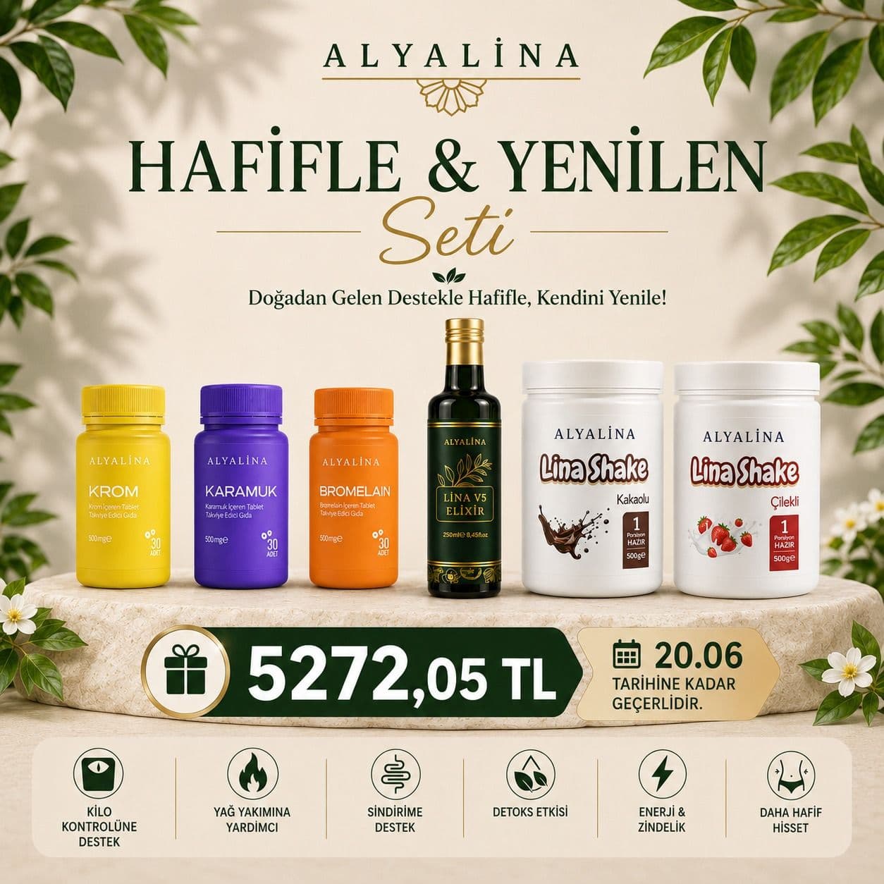 20 Haziran Saat 18:00’e Kadar Geçerli Hafifle&Yenilen Seti Krom Tablet Karamuk Tablet Bromelain Tablet Lina V5 Elixir Shake Çilekli Shake Kakaolu