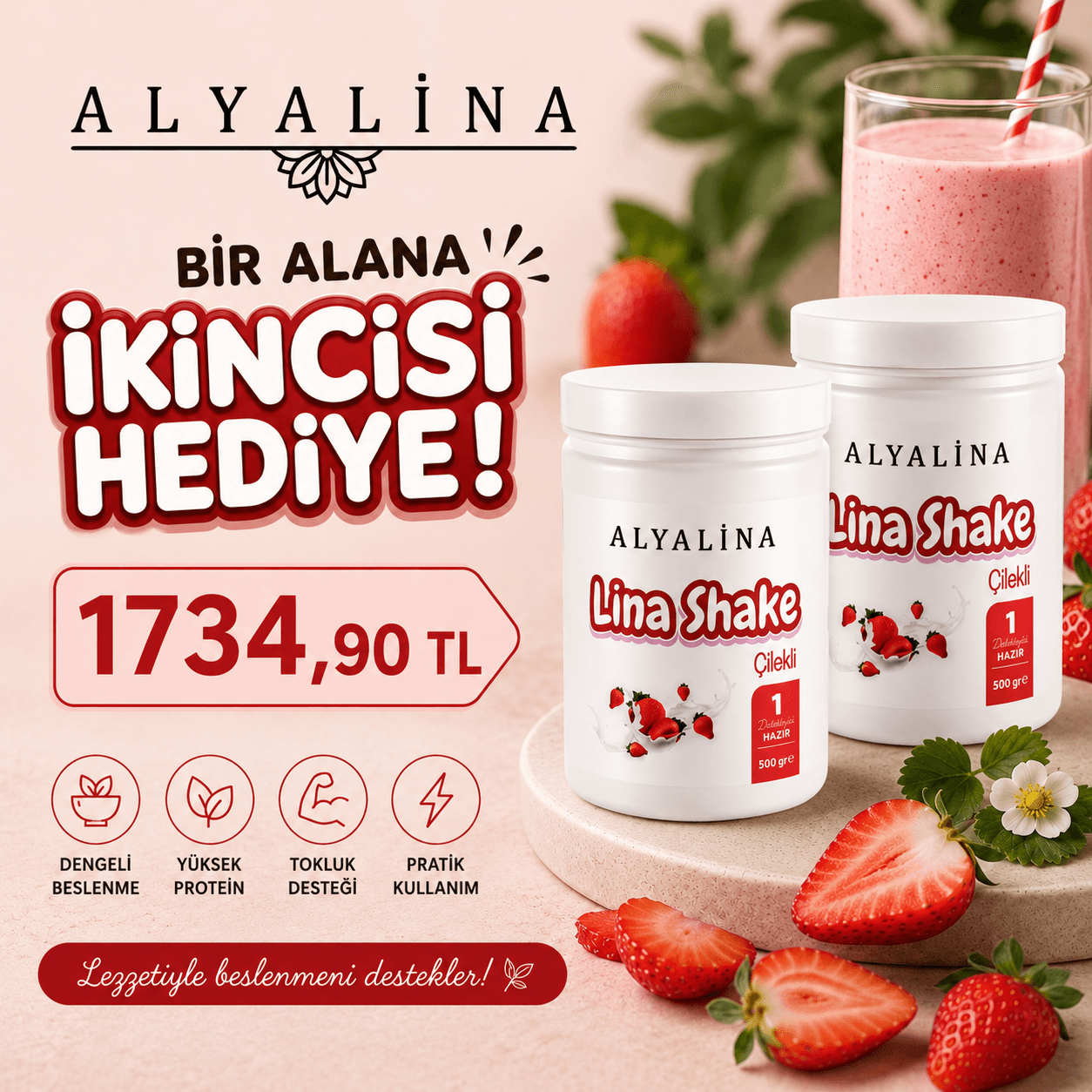 Haziran Kampanyası 6-15 Haziran Saat 20:00’a kadar geçerlidir. 1 Lina Shake Çilekli Alana İkincisi Hediye