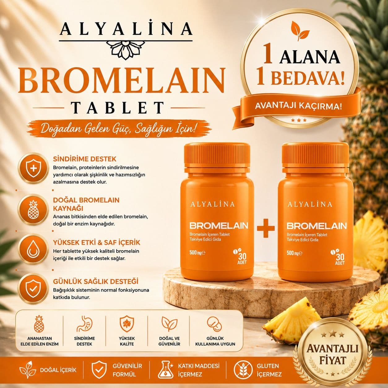 2-15 Haziran Saat 18:00’e Kadar Geçerli Bromelain Tablet 1 Alana 1 Hediye
