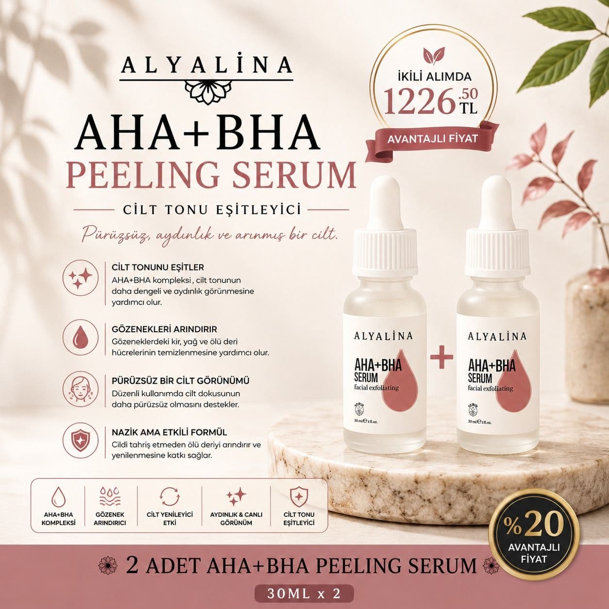 2-15 Haziran Saat 18:00’e Kadar Geçerli İkili AHA+BHA Peeling Serum