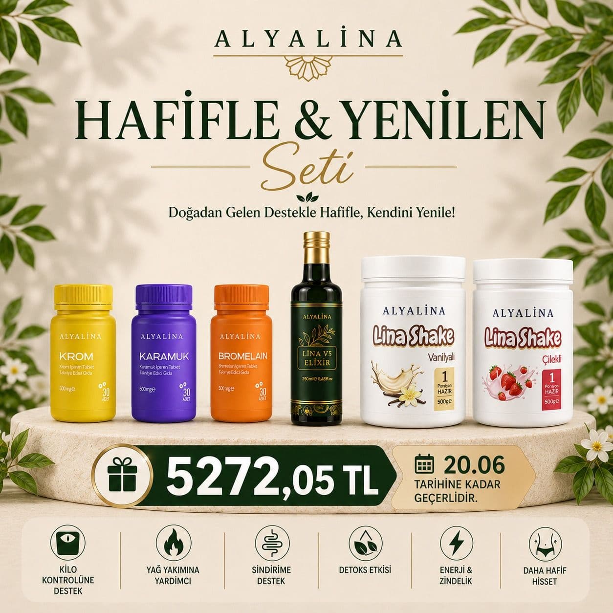 20 Haziran Saat 18:00’e Kadar Geçerli Hafifle&Yenilen Seti Krom Tablet Karamuk Tablet Bromelain Tablet Lina V5 Elixir Shake Çilekli Shake Vanilya