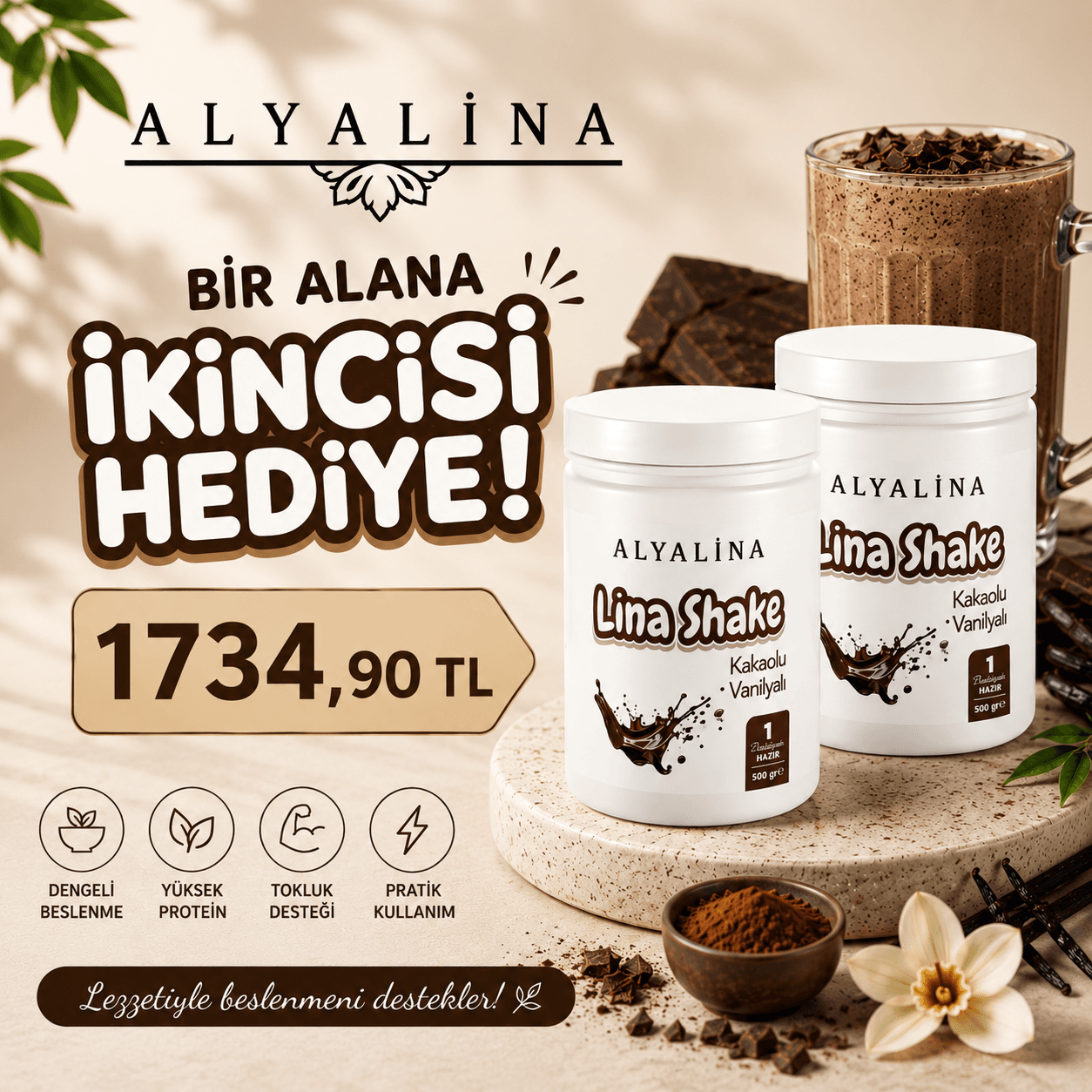 Haziran Kampanyası 6-15Haziran Saat 20:00 ’a kadar geçerlidir. 1 Lina Shake Kakaolu Alana İkincisi Hediye