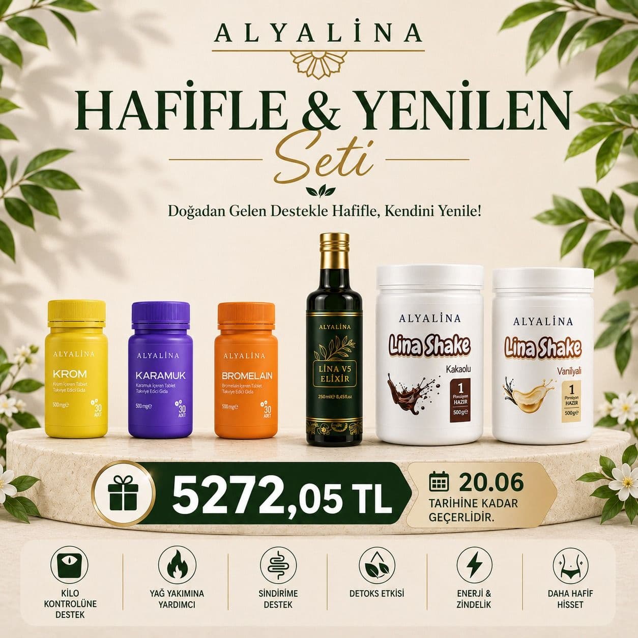 20 Haziran Saat 18:00’e Kadar Geçerli Hafifle&Yenilen Seti Krom Tablet Karamuk Tablet Bromelain Tablet Lina V5 Elixir Shake Kakao Shake Vanilya